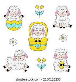 Cute vector set of Easter sheep in cartoon style on white background.