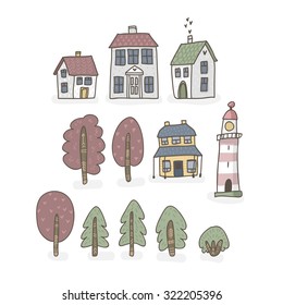 Cute vector set of ethnic trees and houses. Travelling