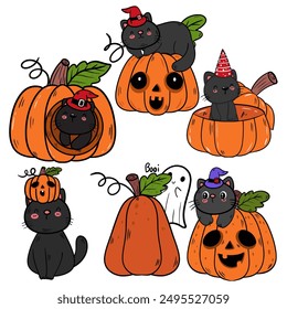 Cute vector set featuring a black cat wizard, ghost, and jack-o'-lantern with various expressions and poses. Perfect for Halloween-themed designs.