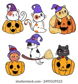 Cute vector set featuring a black cat wizard and a jack-o'-lantern with various expressions and poses. Perfect for Halloween-themed designs.