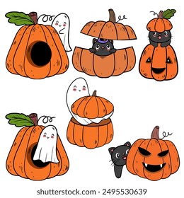 Cute vector set featuring a black cat wizard, ghost, and jack-o'-lantern with various expressions and poses. Perfect for Halloween-themed designs.