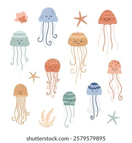 A cute vector set featuring colorful jellyfish, starfish, coral, and seaweed illustrations in a playful cartoon style. Perfect for marine-themed designs, kids’ projects