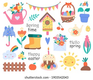 Cute Vector Set de herramientas de jardín de mano plana y elementos de primavera de Pascua. Colección de Doodle de equipos agrícolas.Aislado en fondo blanco.Ilustración de niños para diseño, web, gráfico.