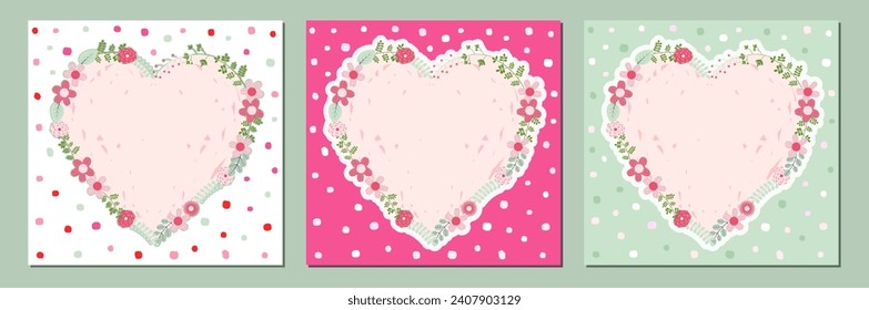 Cute vector set with floral frame cards with hearts and flowers in pink and mint green colors for wedding invitations, greeting cards