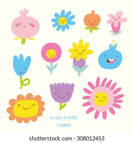 Cute vector set of FLOWERS icons. Funny happy smiley flowers. Happy doodles for your design. Bright and beautiful cartoon characters.