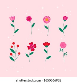 Cute vector set of flowers isolated on pink background. Flat style.