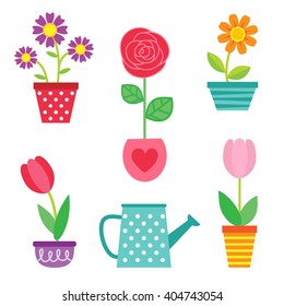 Cute vector set of flowers in pots and watering can