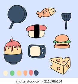 Cute vector set of food themed cartoon doodled on light blue background with pan, fish, sushi, ice cream, microwave, hamburger, cheese, spatula and color palette