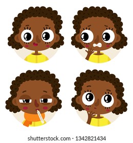 Cute vector set of four african american girl emotions and facial expressions - happy, scared, sick, concerned