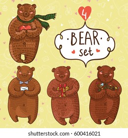 Cute vector set with four bears in cartoon style