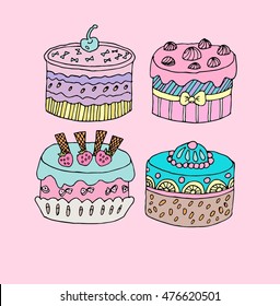 Cute vector set of four birthday cakes on pink background.