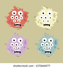 Cute  vector set of four eyes colourful monsters with funny emotion for children design or sticker