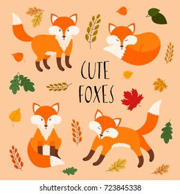 Cute vector set of foxes and autumn leaves. These  lovely foxes can be used in postcards, posters, patterns for children's clothing and so on. 

