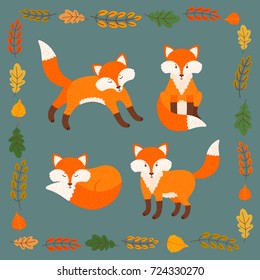 Cute vector set of foxes and autumn leaves. These  lovely foxes can be used in postcards, posters, patterns for children's clothing and so on. 