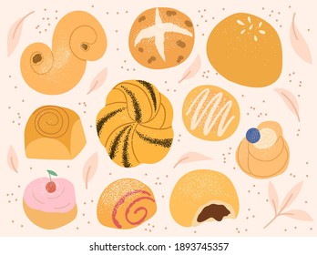 Cute vector set of fragrant buns with various fillings. 