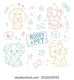 cute vector set with fun dogs. hand drawn character. colorful illustration.