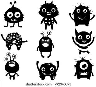 Cute vector set with fun monster silhouette in black color for children designs