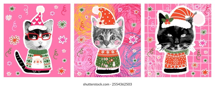 Cute vector set with funny cats with ugly Christmas sweaters, Santa hats, halftone collage style holiday greeting cards, posters