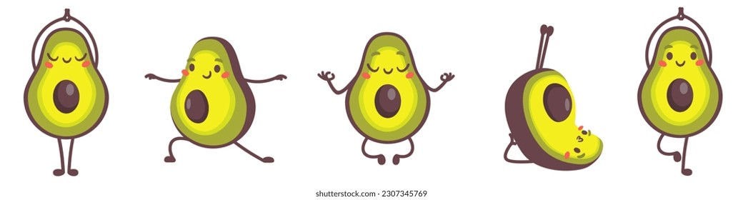 Cute vector set of funny illustrations. Smiling avocados doing yoga, meditation. 