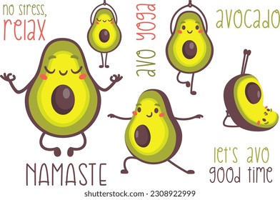 Cute vector set of funny illustrations. Smiling avocados doing yoga, meditation. Lettering on Avacado and Yoga 