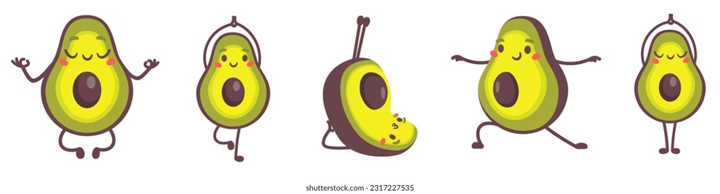 Cute vector set of funny illustrations. Smiling avocados doing yoga, meditation