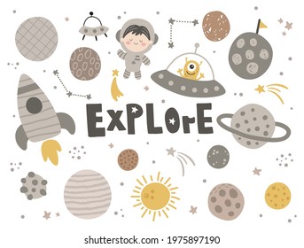 cute vector set, funny planets, stars and space related items, clipart for kids, hand lettering explore text