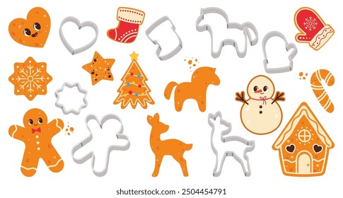 Cute vector Set of Gingerbread cookies and cookie cutters. Making Christmas gingerbread cookies. Christmas and New Year traditions concept. Vector illustration isolated. Vector for stickers, cards