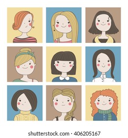 Cute vector set of girlsavatars. Hipsters and stylish women. 