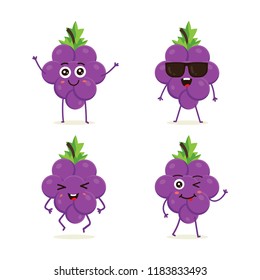 Cute vector set of grape fruit character in different action emotion. Collection of grape characters in different expressions, Funny fruit character isolated on white background