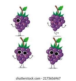 Cute vector set of grape fruit character in different action emotion. Collection of grape characters in different expressions, Funny fruit character isolated on white background