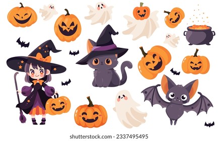 Cute vector set for the Halloween holiday. Girl in witch costume cat in witch hat ghost bats cauldron jack lantern pumpkins. Characters on white background 