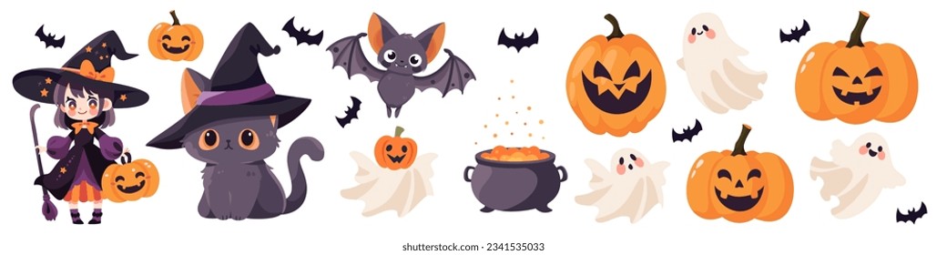 Cute vector set for the Halloween holiday. Girl in witch costume cat in witch hat ghost bats cauldron jack lantern pumpkins. Characters on white background . Vector illustration