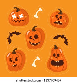 Cute vector set with Halloween illustrations. Smiling and funny cartoon characters: pumpkin, bat. Stickers, icons, design elements