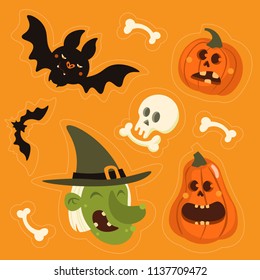 Cute vector set with Halloween illustrations. Smiling and funny cartoon characters: pumpkin, witch, cat, bat, skull. Stickers, icons, design elements