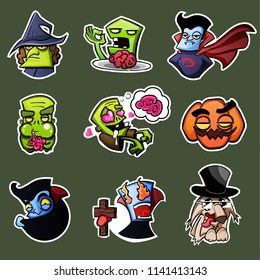 Cute vector set with Halloween illustrations. Smiling and funny characters: Dracula, Zombie, Dog, Pumpkin, Witch. Stickers, icons, design elements