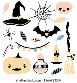 Cute vector set with Halloween illustrations. Cute and funny cartoon objects: pumpkin, bat, sweets, skull, spider, magic hat. Childish collection for holiday design. Funny characters