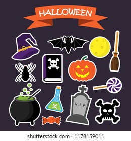 Cute vector set with Halloween illustrations. Set sticker Halloween Day have pumpkin,pot poison, witch hat, spider, grave stone, bone, full moon, broom, icons, design elements