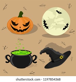 Cute vector set with halloween illustrations. Vector illustration. Orange pumpkin, witch hat, cauldron and moon with bats