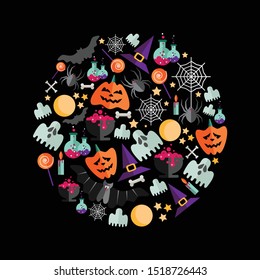 Cute vector set with Halloween illustrations. Vector flat icons on a black background.