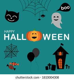 Cute vector set with halloween illustrations and icons set on blue background.
