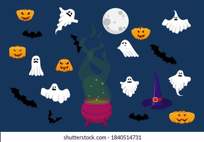 Cute vector set with Halloween illustrations and icons: pumpkin, ghost,  bat, month, cauldron. Horror halloween icons. Vector illustration