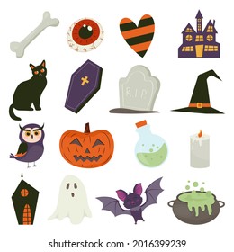 Cute vector set with Halloween illustrations: pumpkin, ghost, cat, bat, potion, bone, grave slab, coffin, owl, eye, witch hat. Isolated on white background flat illustration.