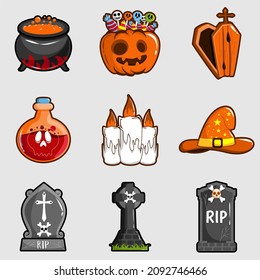 Cute vector set with Halloween illustrations and icons: cauldron, chest, candy, poison, candle, hat, Isolated on white background