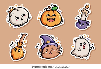 Cute vector set with Halloween illustrations. Smiling and funny cartoon characters: pumpkin, ghost, cat, bat, candy jar. Stickers, icons, design elements