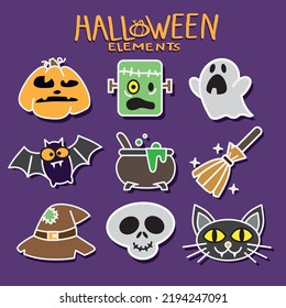 Cute vector set with Halloween illustrations. Smiling and funny cartoon characters: pumpkin, ghost, cat. Stickers, icons, design elements