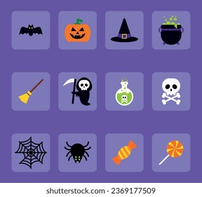 Cute vector set with Halloween illustrations and icons. Halloween Icons. Happy Halloween. Happy Holiday.