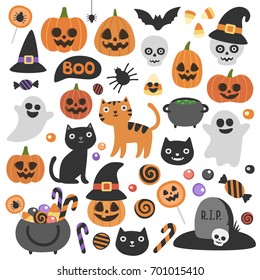 Cute vector set with Halloween illustrations and icons: pumpkin, ghost, cat, bat, candy jar. Isolated on white