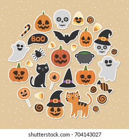 Cute Vector Set With Halloween Illustrations. Smiling And Funny Cartoon Characters: Pumpkin, Ghost, Cat, Bat, Candy Jar. Stickers, Icons, Design Elements