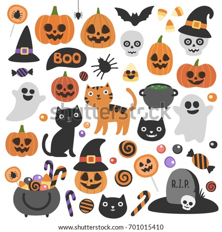 Cute vector set with Halloween illustrations and icons: pumpkin, ghost, cat, bat, candy jar. Isolated on white