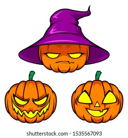 Cute vector set of Halloween pumpkin in cartoon style. 3 expression styles.